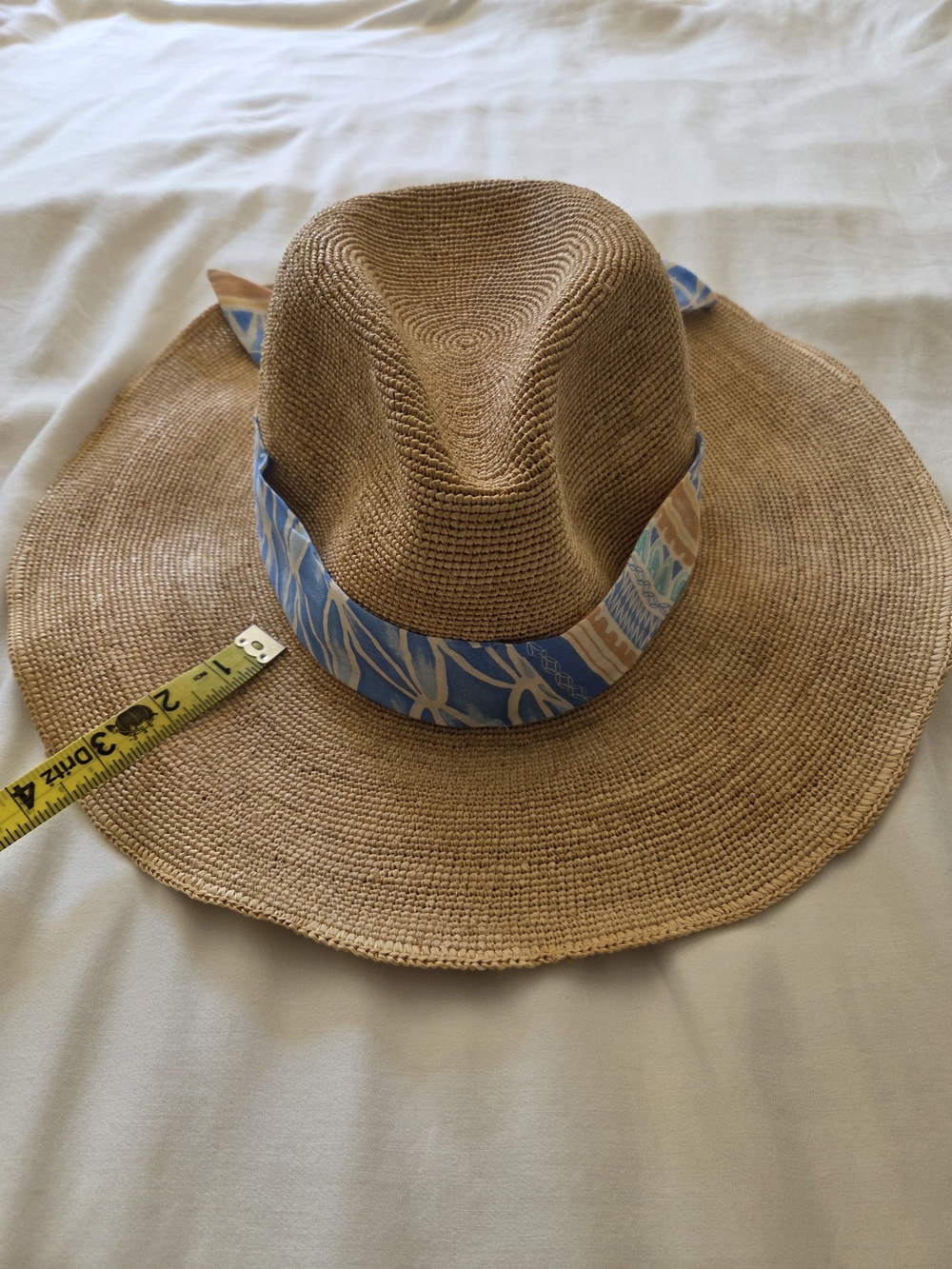 J McLaughlin Wide Brim Straw Fedora Hat with Blue Patterned Band
